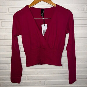 Bobi Dragonfruit Smocked Waist Cotton Long Sleeve Crop Top, Women’s Size XS